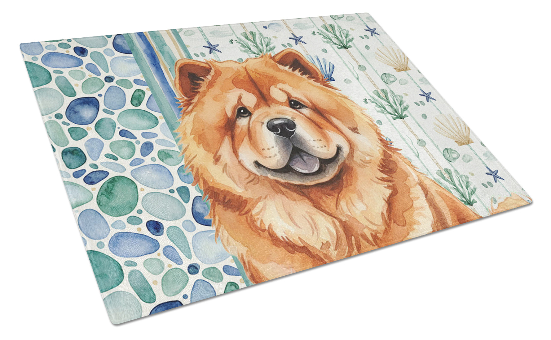 Red Chow Chow Coastal Sea Glass Cutting Board Tempered Glass Kitchen Cutting Surface, Heat Resistant Chopping, Non-Slip Feet, Food Prep & Serving