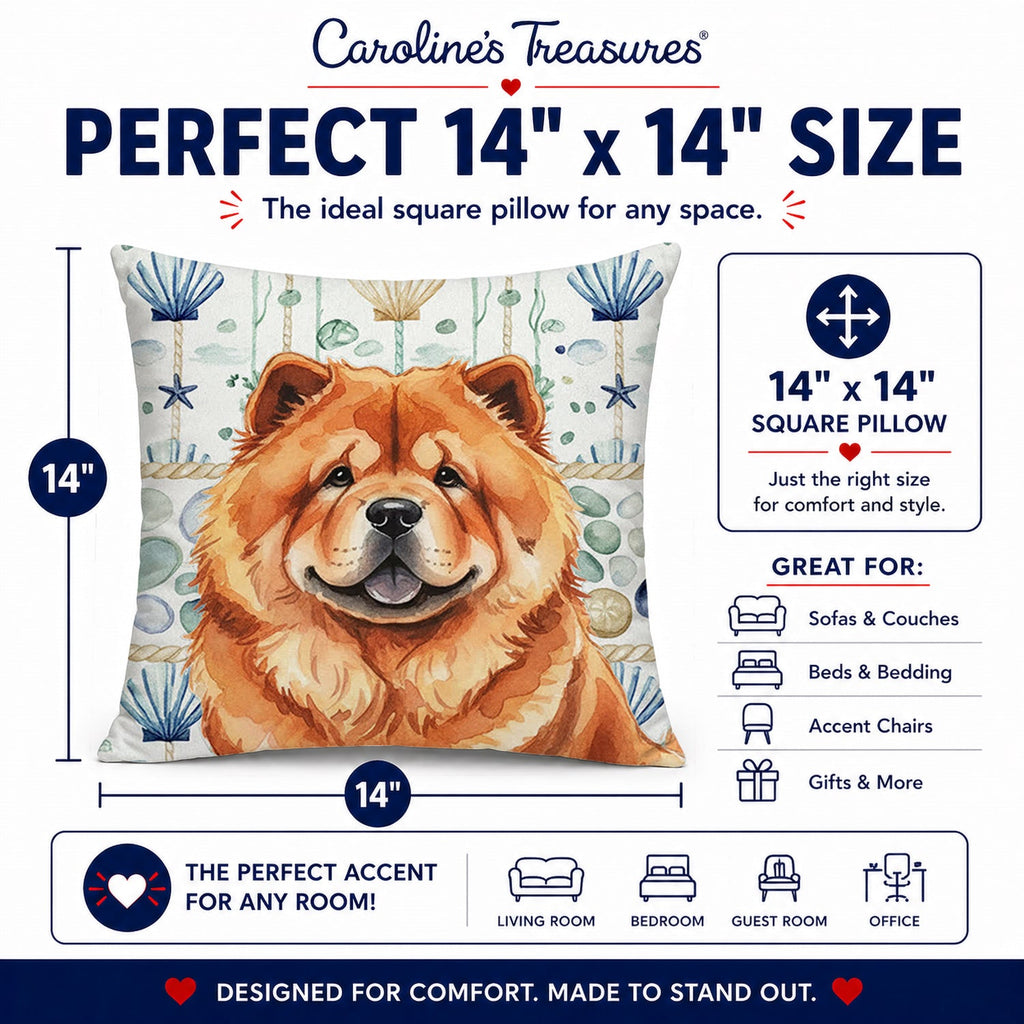Red Chow Chow Coastal Sea Glass Decorative Throw Pillow 14x14 Indoor Outdoor Accent Cushion, Fabric Cover with Insert for Sofa, Bed, Porch & Living Room