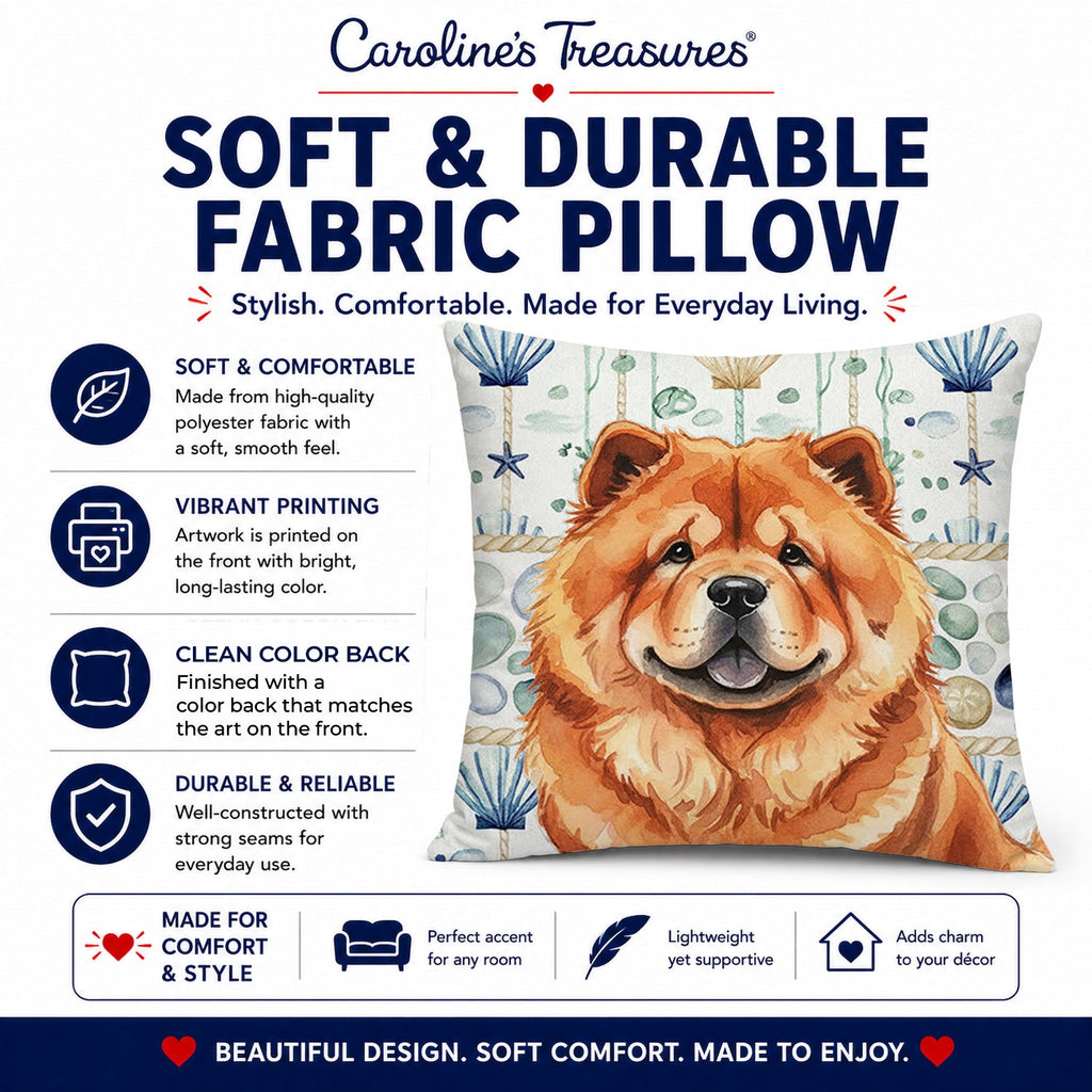 Red Chow Chow Coastal Sea Glass Decorative Throw Pillow 18x18 Indoor Outdoor Accent Cushion, Fabric Cover with Insert for Sofa, Bed, Porch & Living Room