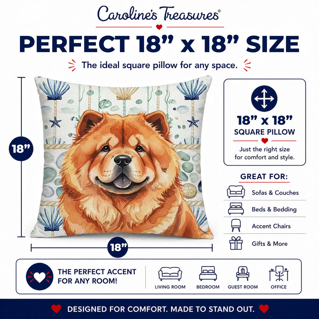 Red Chow Chow Coastal Sea Glass Decorative Throw Pillow 18x18 Indoor Outdoor Accent Cushion, Fabric Cover with Insert for Sofa, Bed, Porch & Living Room
