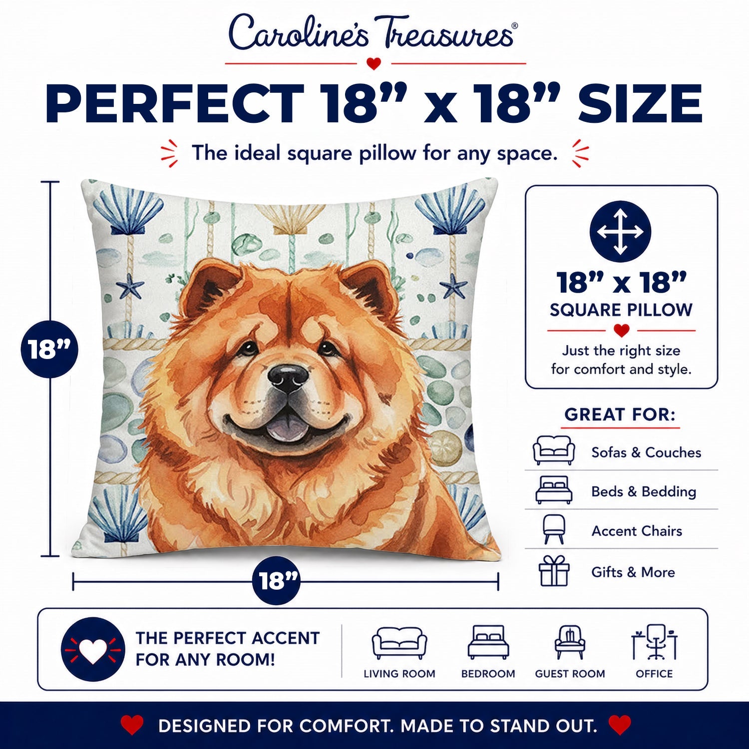 Red Chow Chow Coastal Sea Glass Decorative Throw Pillow 18x18 Indoor Outdoor Accent Cushion, Fabric Cover with Insert for Sofa, Bed, Porch & Living Room