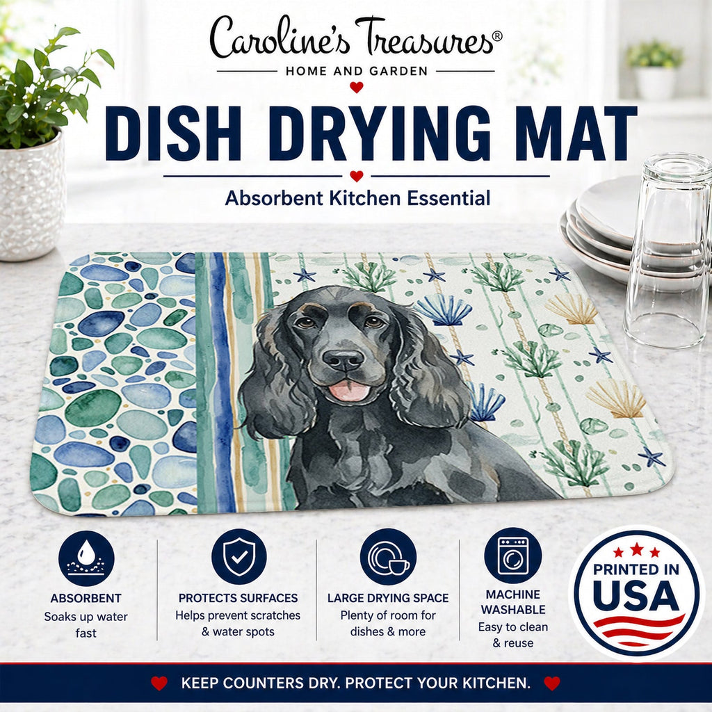 Black Cocker Spaniel Coastal Sea Glass Dish Drying Mat Absorbent Dish Drying Mat Pad for Kitchen Counter Dish Drainer Mat for Countertop, 14 x 21", Multicolor