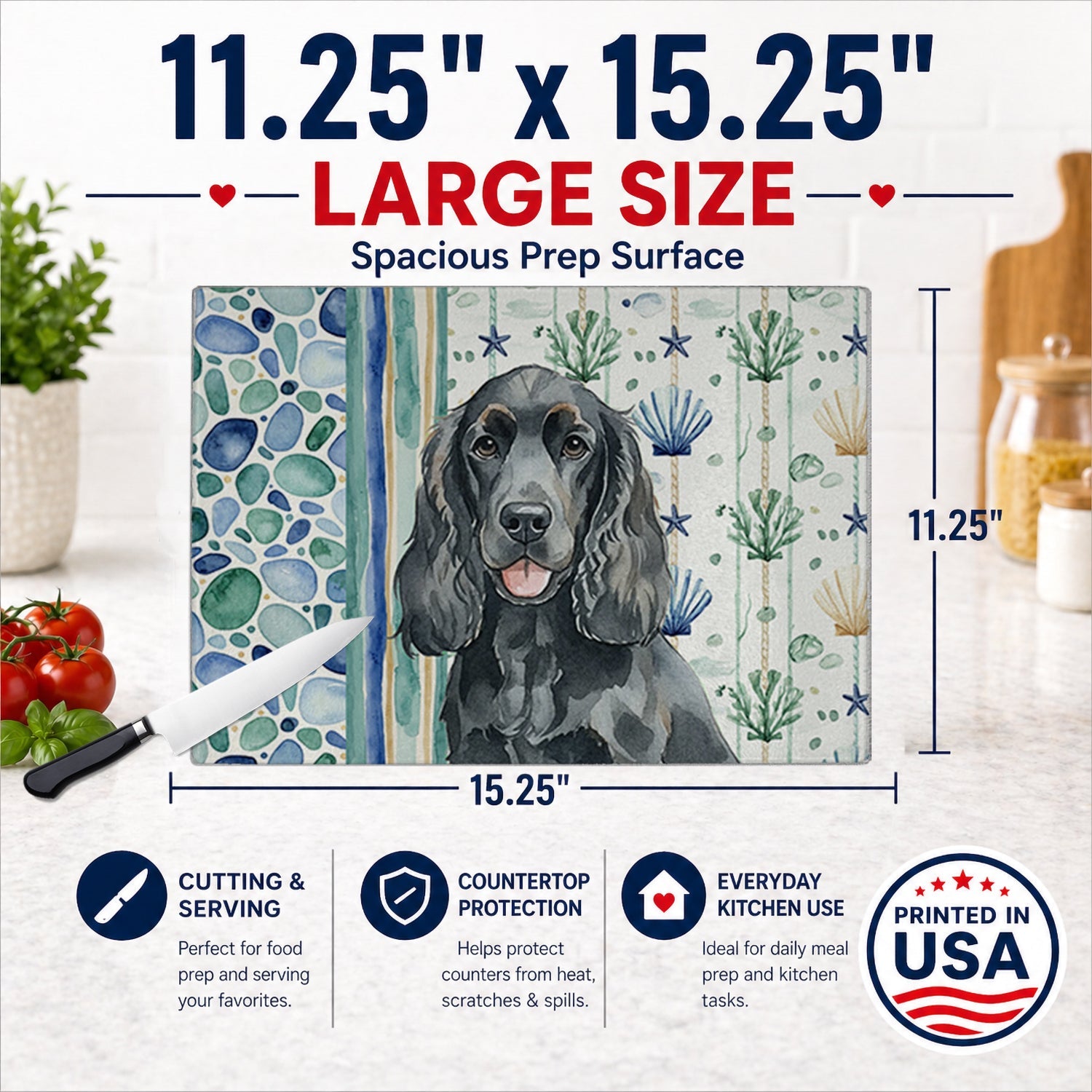 Black Cocker Spaniel Coastal Sea Glass Cutting Board Tempered Glass Kitchen Cutting Surface, Heat Resistant Chopping, Non-Slip Feet, Food Prep & Serving