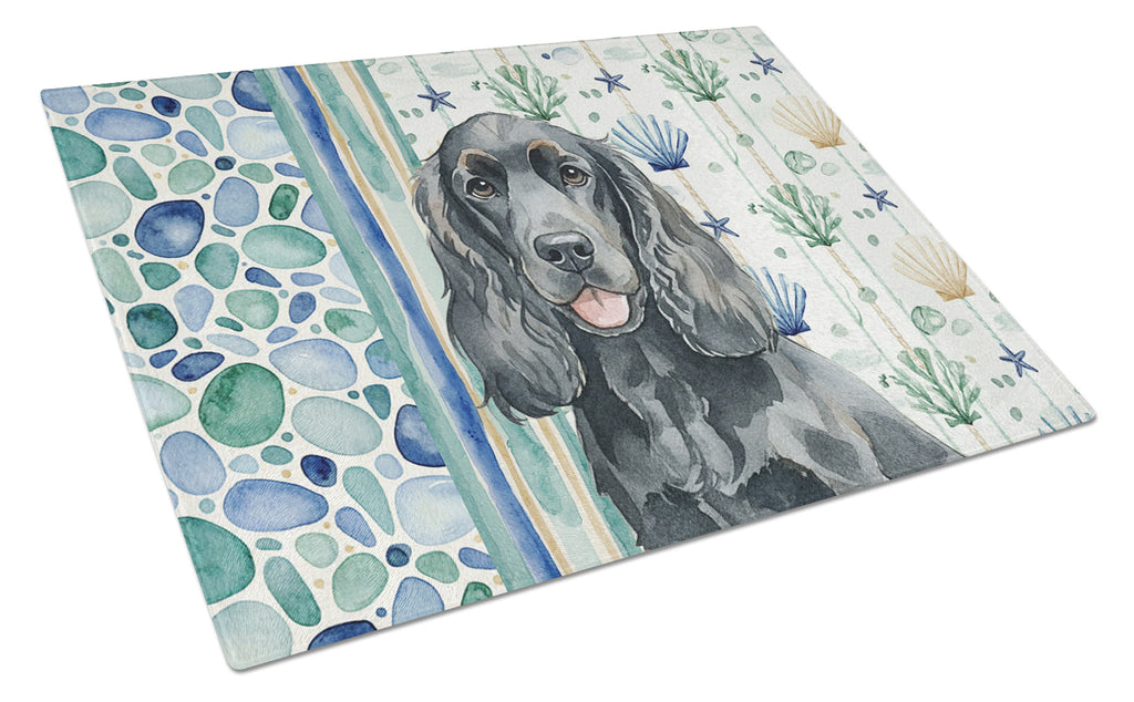 Black Cocker Spaniel Coastal Sea Glass Cutting Board Tempered Glass Kitchen Cutting Surface, Heat Resistant Chopping, Non-Slip Feet, Food Prep & Serving