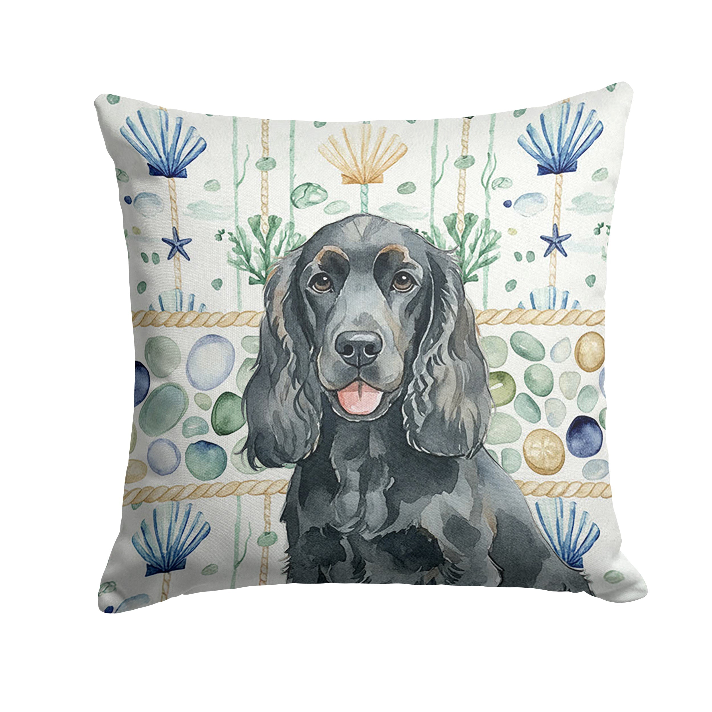 Black Cocker Spaniel Coastal Sea Glass Decorative Throw Pillow 14x14 Indoor Outdoor Accent Cushion, Fabric Cover with Insert for Sofa, Bed, Porch & Living Room