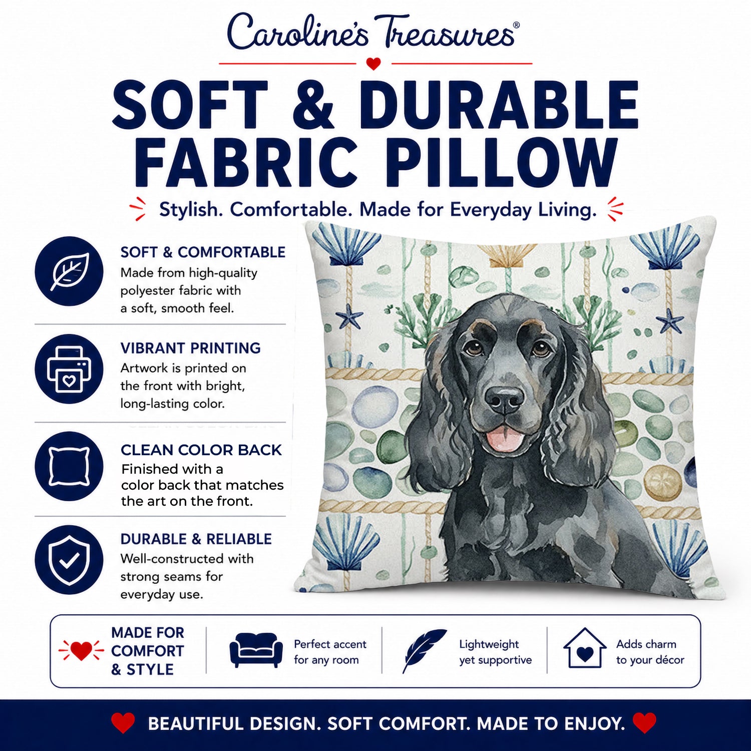 Black Cocker Spaniel Coastal Sea Glass Decorative Throw Pillow 18x18 Indoor Outdoor Accent Cushion, Fabric Cover with Insert for Sofa, Bed, Porch & Living Room