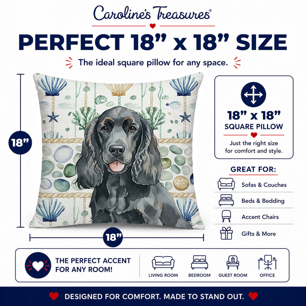 Black Cocker Spaniel Coastal Sea Glass Decorative Throw Pillow 18x18 Indoor Outdoor Accent Cushion, Fabric Cover with Insert for Sofa, Bed, Porch & Living Room