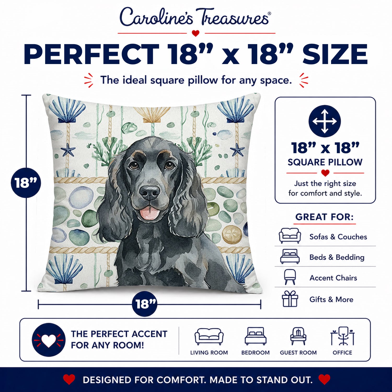 Black Cocker Spaniel Coastal Sea Glass Decorative Throw Pillow 18x18 Indoor Outdoor Accent Cushion, Fabric Cover with Insert for Sofa, Bed, Porch & Living Room