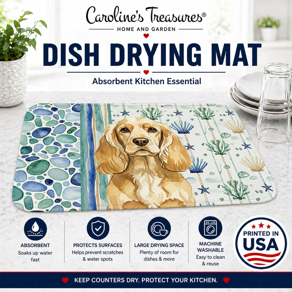 Buff Cocker Spaniel Coastal Sea Glass Dish Drying Mat Absorbent Dish Drying Mat Pad for Kitchen Counter Dish Drainer Mat for Countertop, 14 x 21", Multicolor