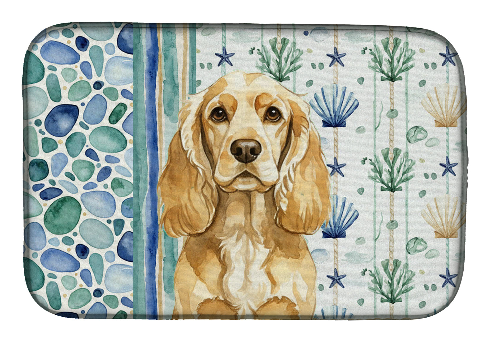 Buff Cocker Spaniel Coastal Sea Glass Dish Drying Mat Absorbent Dish Drying Mat Pad for Kitchen Counter Dish Drainer Mat for Countertop, 14 x 21", Multicolor