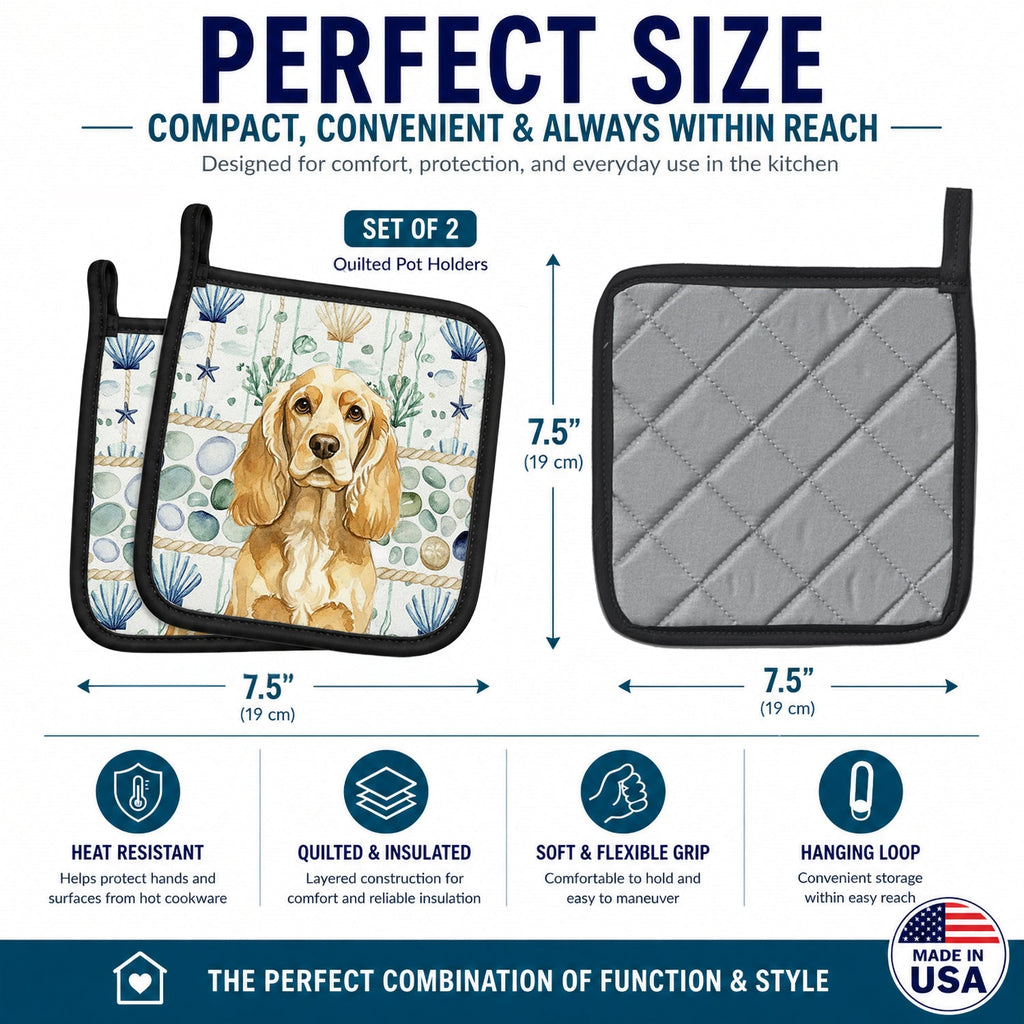 Buff Cocker Spaniel Coastal Sea Glass Pot Holder Set of 2 Heat Resistant Quilted Hot Pads 7.5 x 7.5 Inch, Insulated Kitchen Trivets for Cooking & Baking