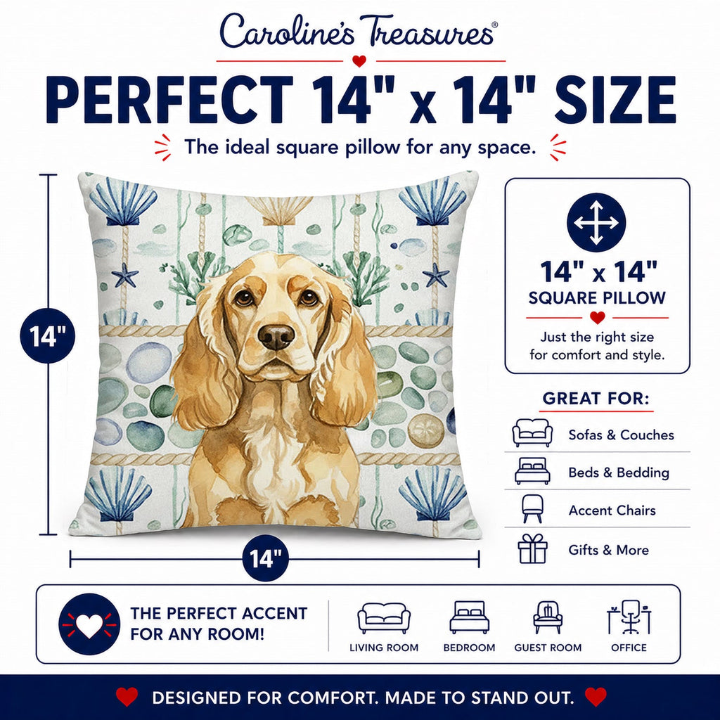 Buff Cocker Spaniel Coastal Sea Glass Decorative Throw Pillow 14x14 Indoor Outdoor Accent Cushion, Fabric Cover with Insert for Sofa, Bed, Porch & Living Room