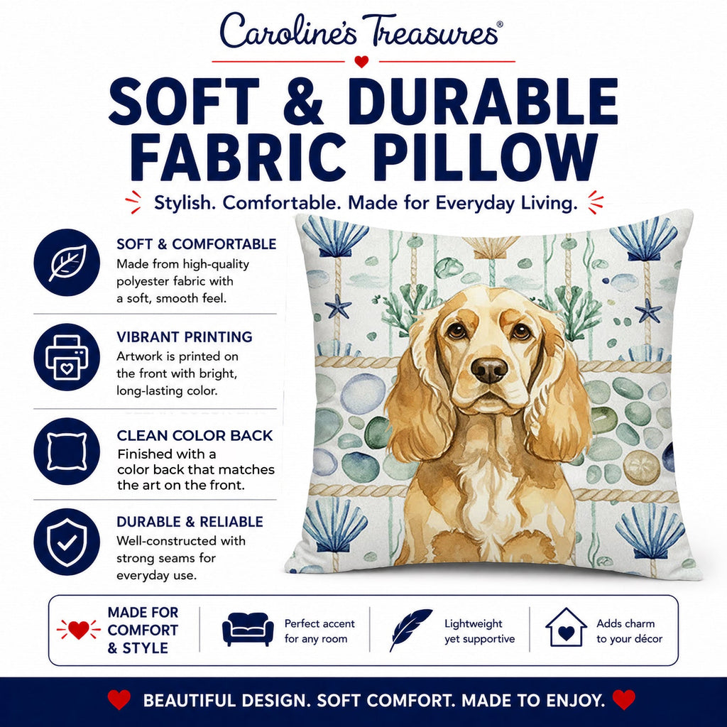 Buff Cocker Spaniel Coastal Sea Glass Decorative Throw Pillow 18x18 Indoor Outdoor Accent Cushion, Fabric Cover with Insert for Sofa, Bed, Porch & Living Room