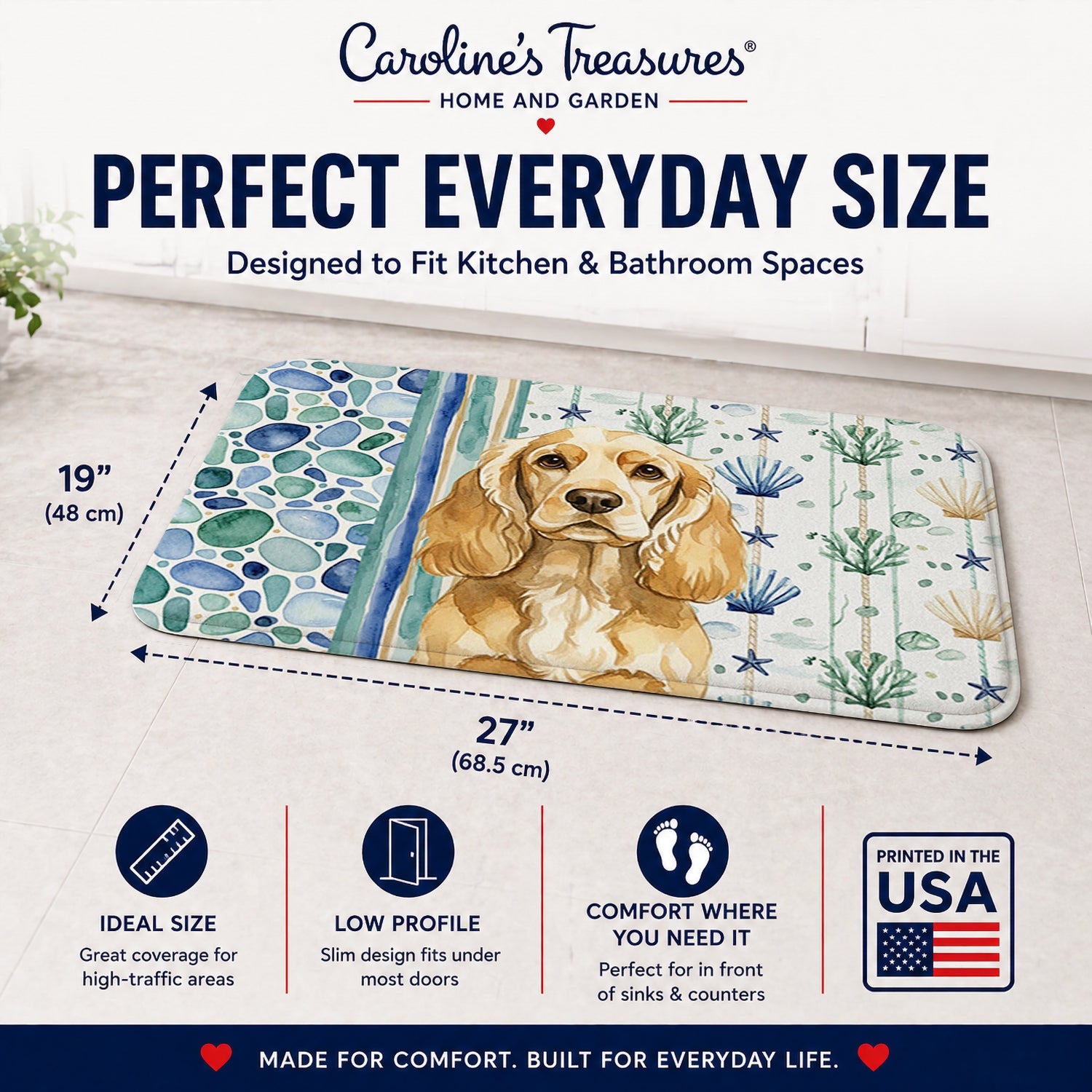 Buff Cocker Spaniel Coastal Sea Glass Memory Foam Kitchen Mat Machine Washable Anti-Fatigue Cushion Comfort Bath or Kitchen Rug