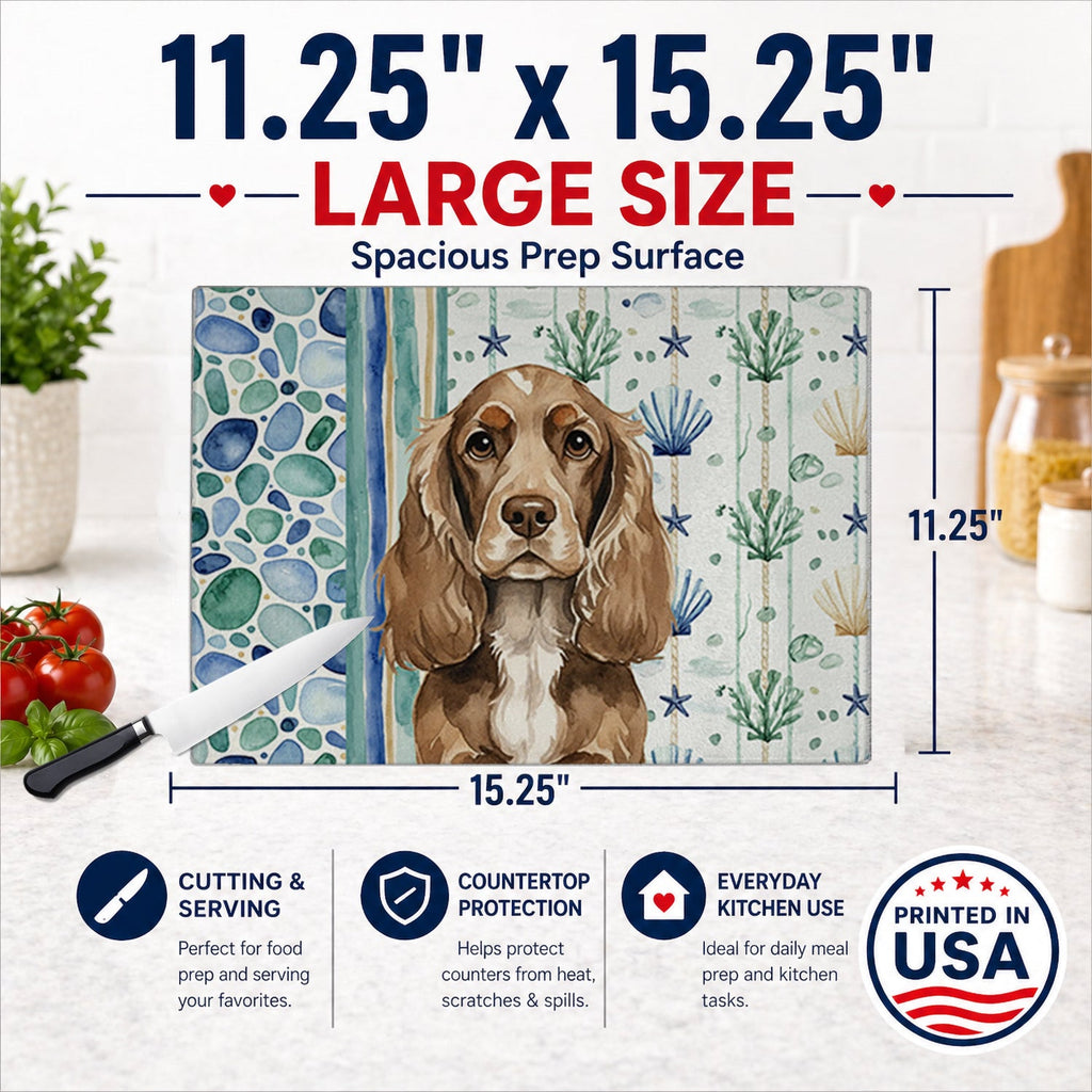 Chocolate Cocker Spaniel Coastal Sea Glass Cutting Board Tempered Glass Kitchen Cutting Surface, Heat Resistant Chopping, Non-Slip Feet, Food Prep & Serving