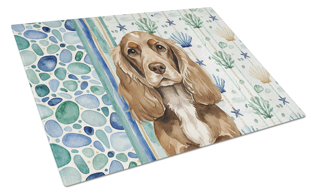 Chocolate Cocker Spaniel Coastal Sea Glass Cutting Board Tempered Glass Kitchen Cutting Surface, Heat Resistant Chopping, Non-Slip Feet, Food Prep & Serving