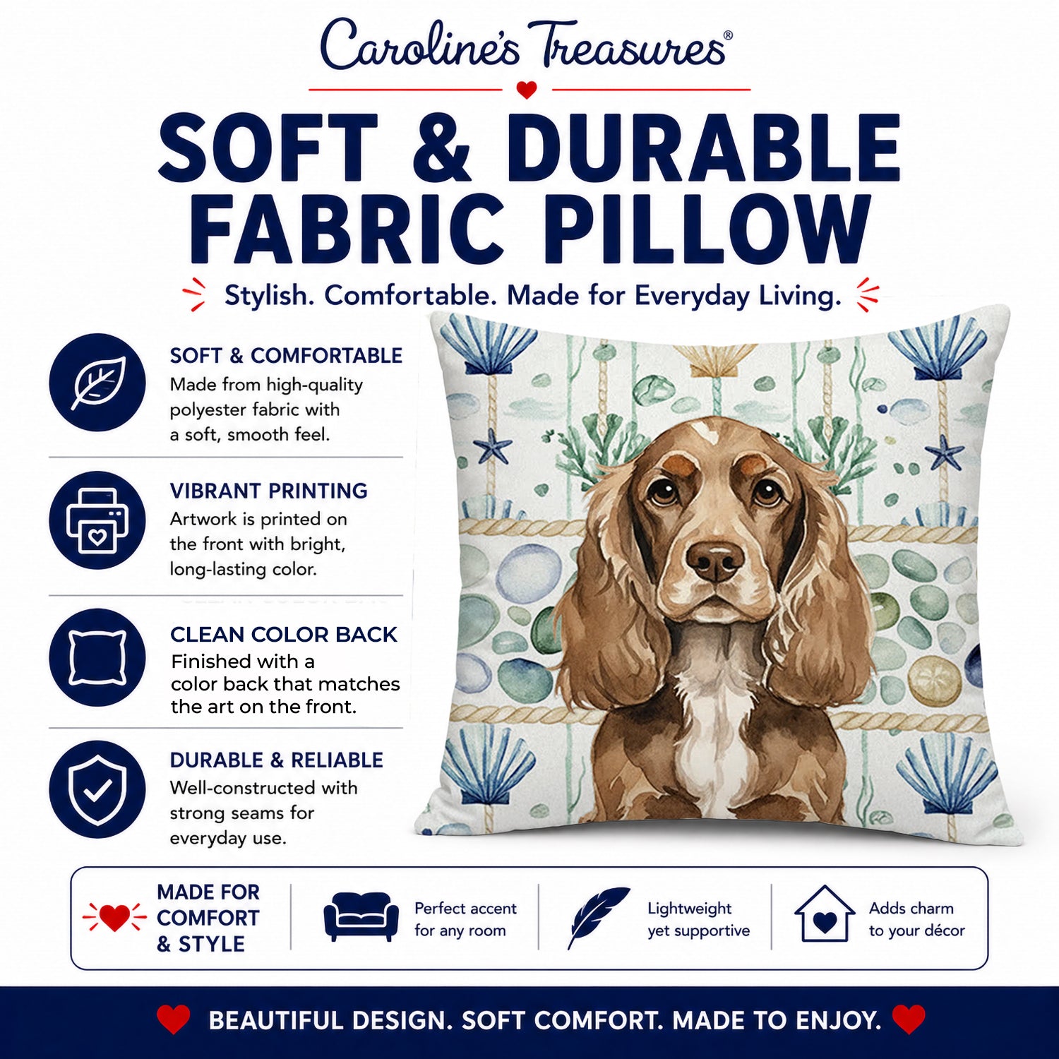 Chocolate Cocker Spaniel Coastal Sea Glass Decorative Throw Pillow 18x18 Indoor Outdoor Accent Cushion, Fabric Cover with Insert for Sofa, Bed, Porch & Living Room
