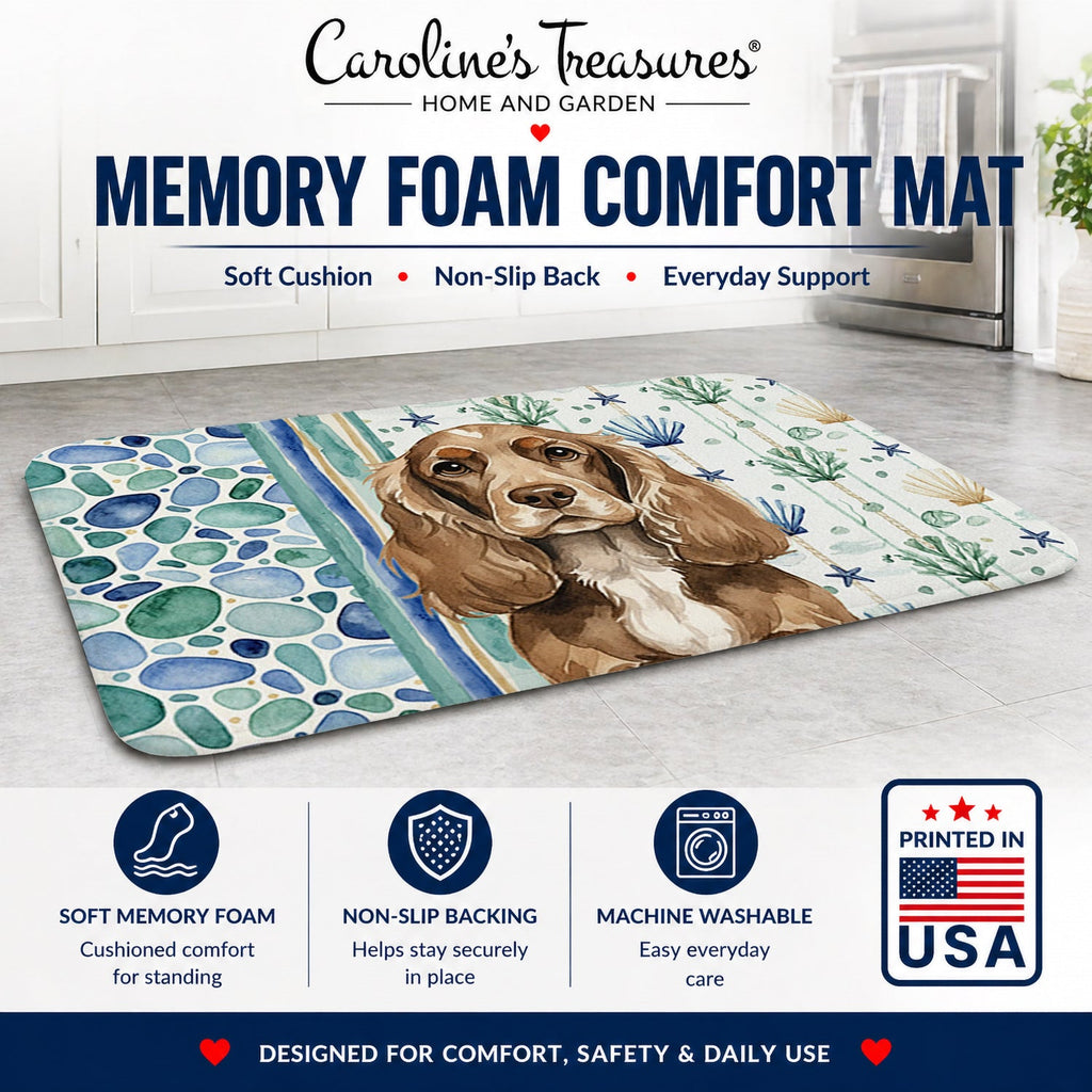 Chocolate Cocker Spaniel Coastal Sea Glass Memory Foam Kitchen Mat Machine Washable Anti-Fatigue Cushion Comfort Bath or Kitchen Rug