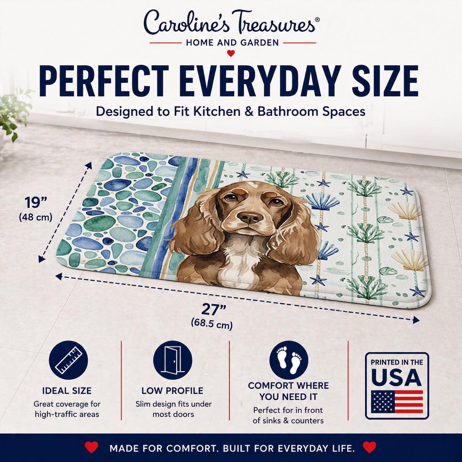 Chocolate Cocker Spaniel Coastal Sea Glass Memory Foam Kitchen Mat Machine Washable Anti-Fatigue Cushion Comfort Bath or Kitchen Rug