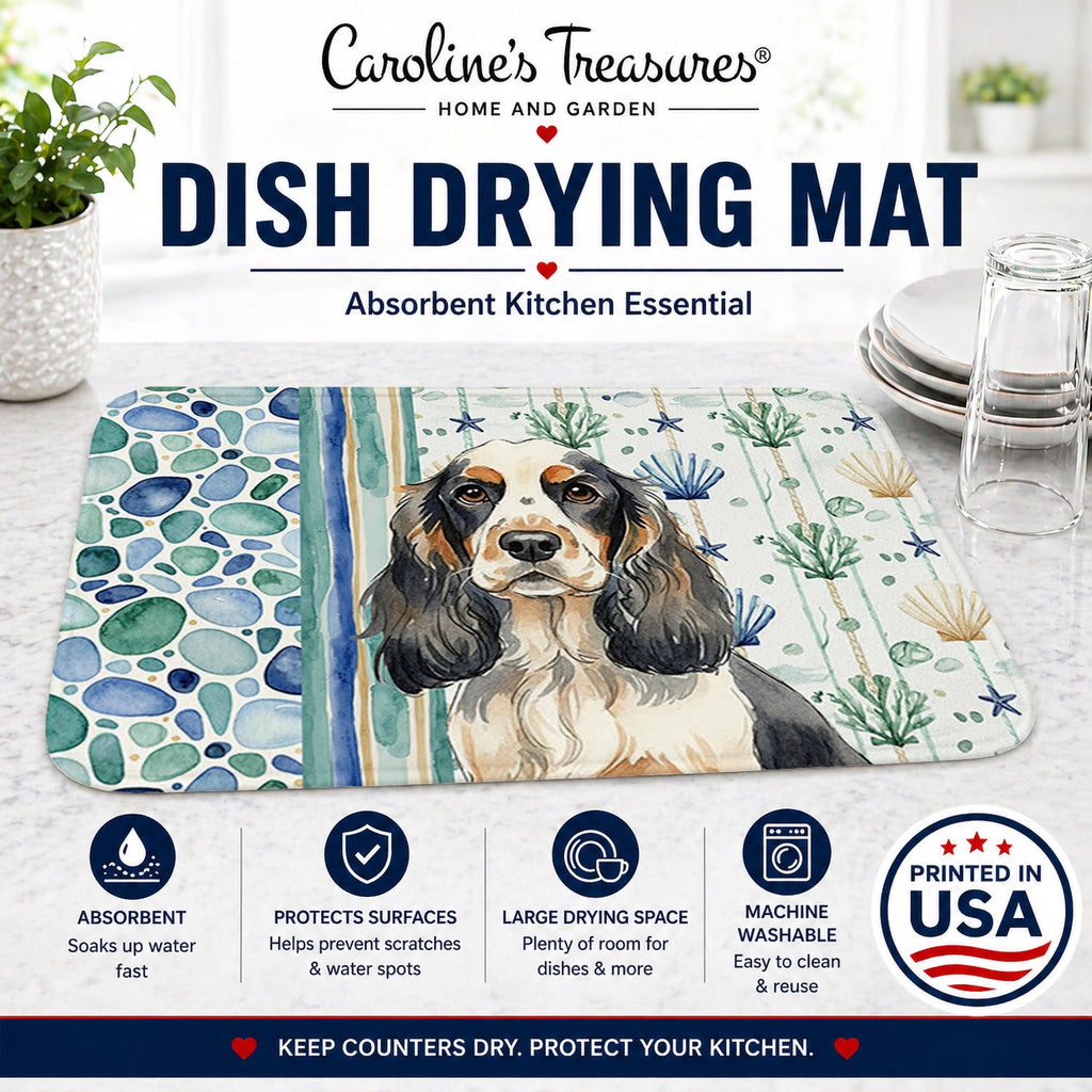 Parti Cocker Spaniel Coastal Sea Glass Dish Drying Mat Absorbent Dish Drying Mat Pad for Kitchen Counter Dish Drainer Mat for Countertop, 14 x 21", Multicolor