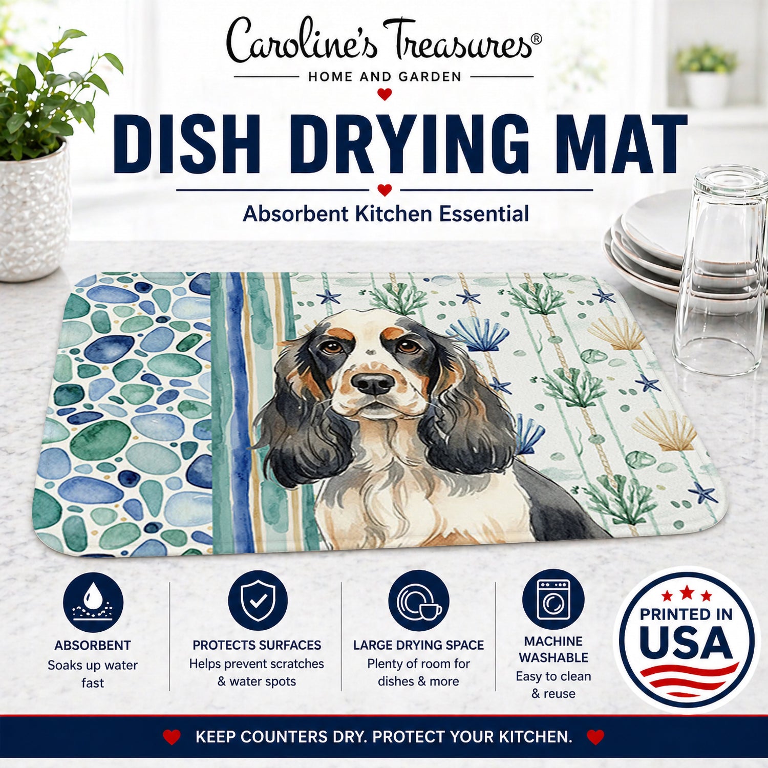 Parti Cocker Spaniel Coastal Sea Glass Dish Drying Mat Absorbent Dish Drying Mat Pad for Kitchen Counter Dish Drainer Mat for Countertop, 14 x 21", Multicolor