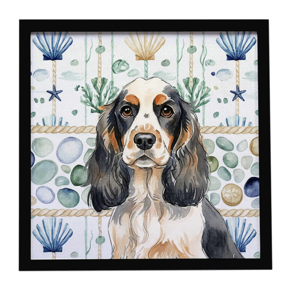 Parti Cocker Spaniel Coastal Sea Glass Framed Metal Print Bathroom, Kitchen, Office, Home Decor Wall Art Ready to Hang, Square, 8X8
