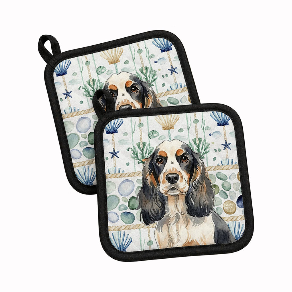 Parti Cocker Spaniel Coastal Sea Glass Pot Holder Set of 2 Heat Resistant Quilted Hot Pads 7.5 x 7.5 Inch, Insulated Kitchen Trivets for Cooking & Baking