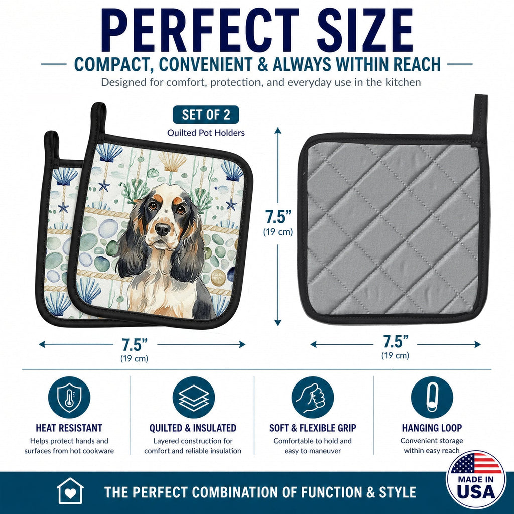 Parti Cocker Spaniel Coastal Sea Glass Pot Holder Set of 2 Heat Resistant Quilted Hot Pads 7.5 x 7.5 Inch, Insulated Kitchen Trivets for Cooking & Baking