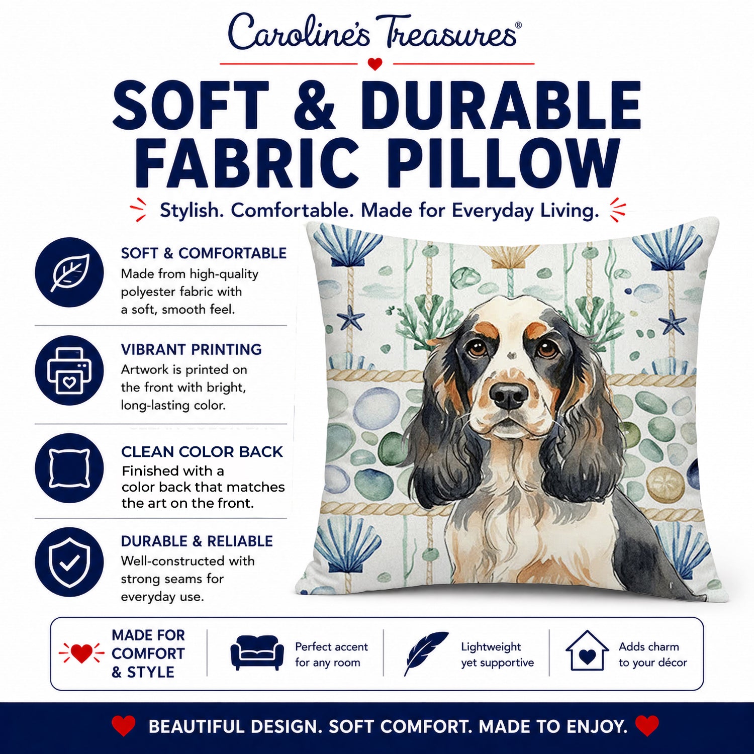 Parti Cocker Spaniel Coastal Sea Glass Decorative Throw Pillow 18x18 Indoor Outdoor Accent Cushion, Fabric Cover with Insert for Sofa, Bed, Porch & Living Room