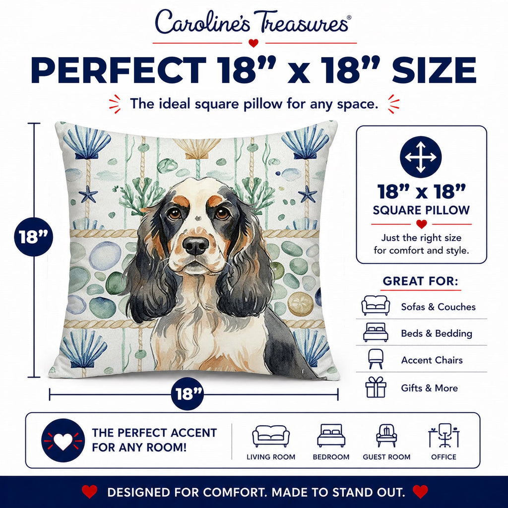 Parti Cocker Spaniel Coastal Sea Glass Decorative Throw Pillow 18x18 Indoor Outdoor Accent Cushion, Fabric Cover with Insert for Sofa, Bed, Porch & Living Room