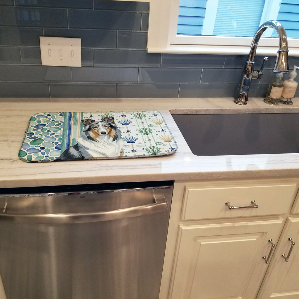 Blue Merle Collie Coastal Sea Glass Dish Drying Mat Absorbent Dish Drying Mat Pad for Kitchen Counter Dish Drainer Mat for Countertop, 14 x 21", Multicolor