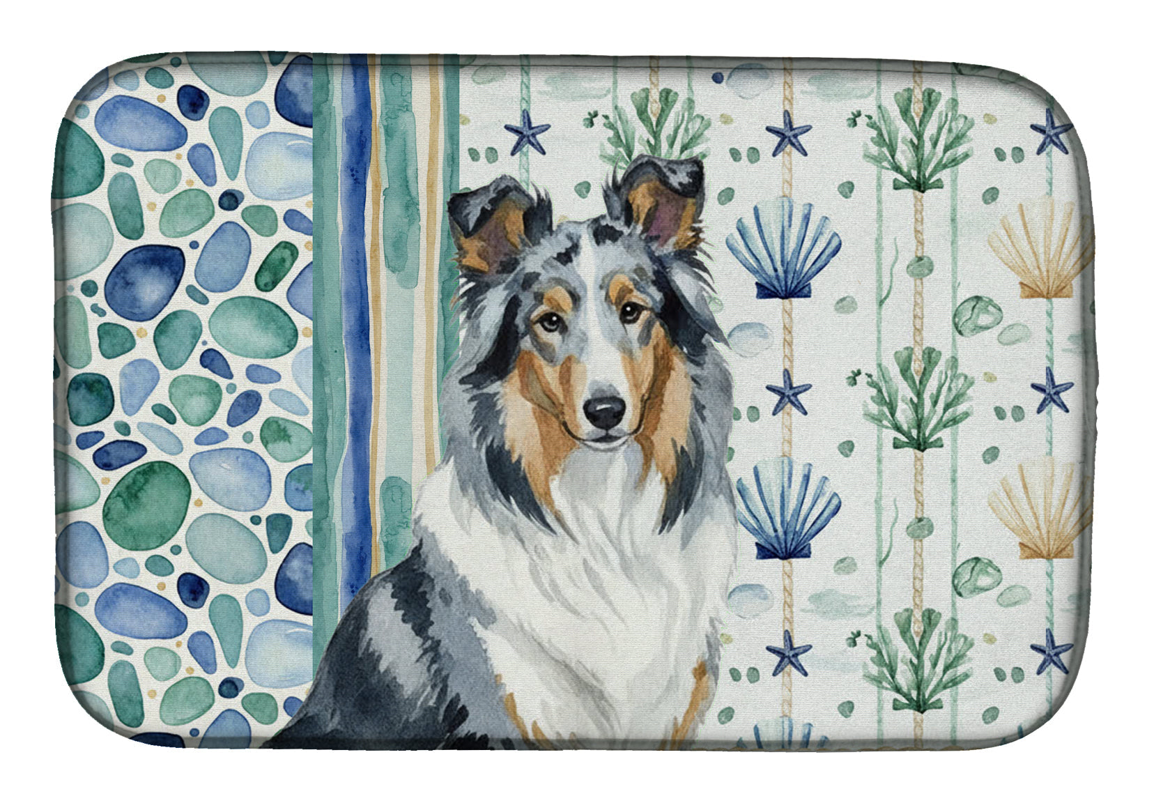 Blue Merle Collie Coastal Sea Glass Dish Drying Mat Absorbent Dish Drying Mat Pad for Kitchen Counter Dish Drainer Mat for Countertop, 14 x 21", Multicolor