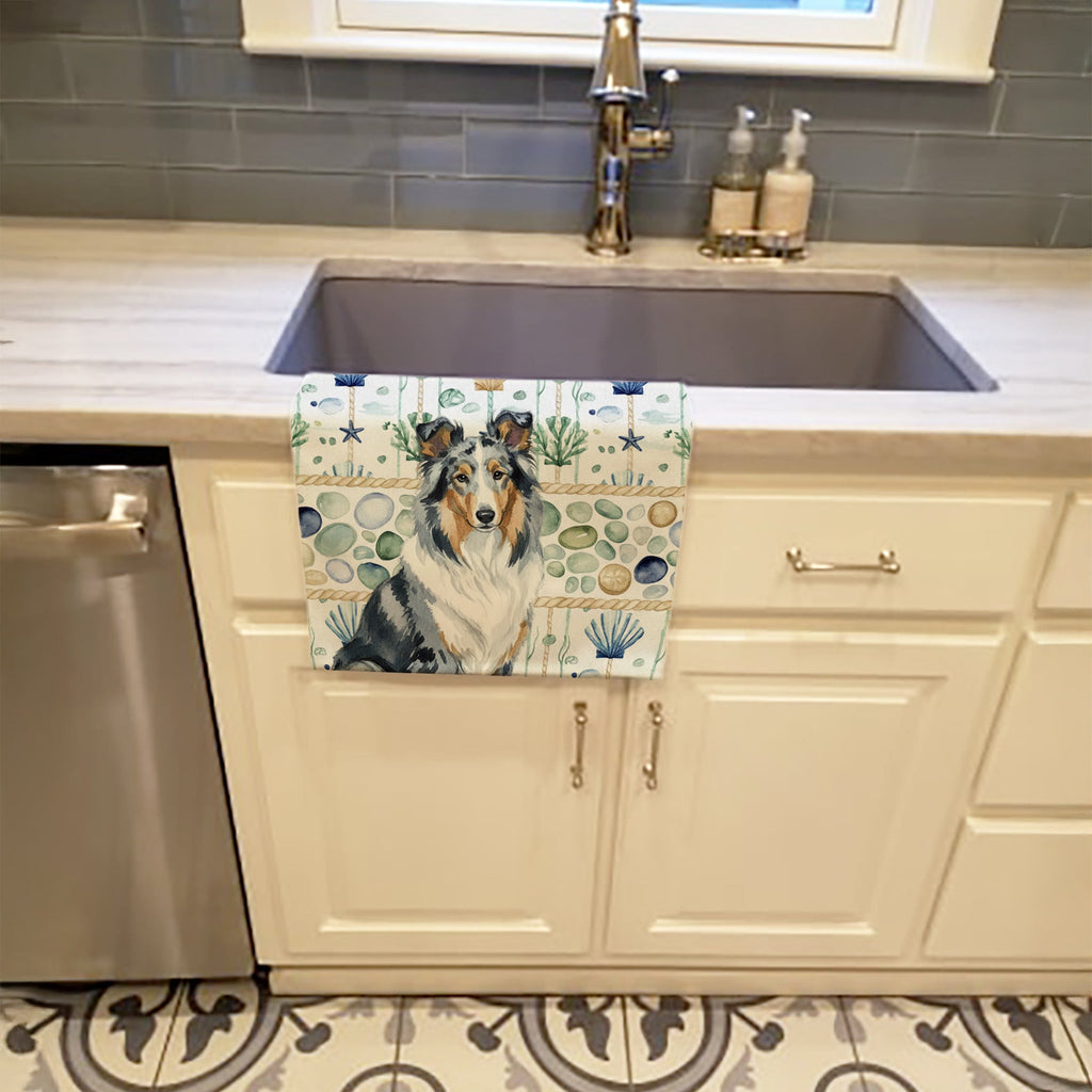 Blue Merle Collie Coastal Sea Glass Kitchen Towel Velour Plush Front and Cotton Loop Back Machine Washable