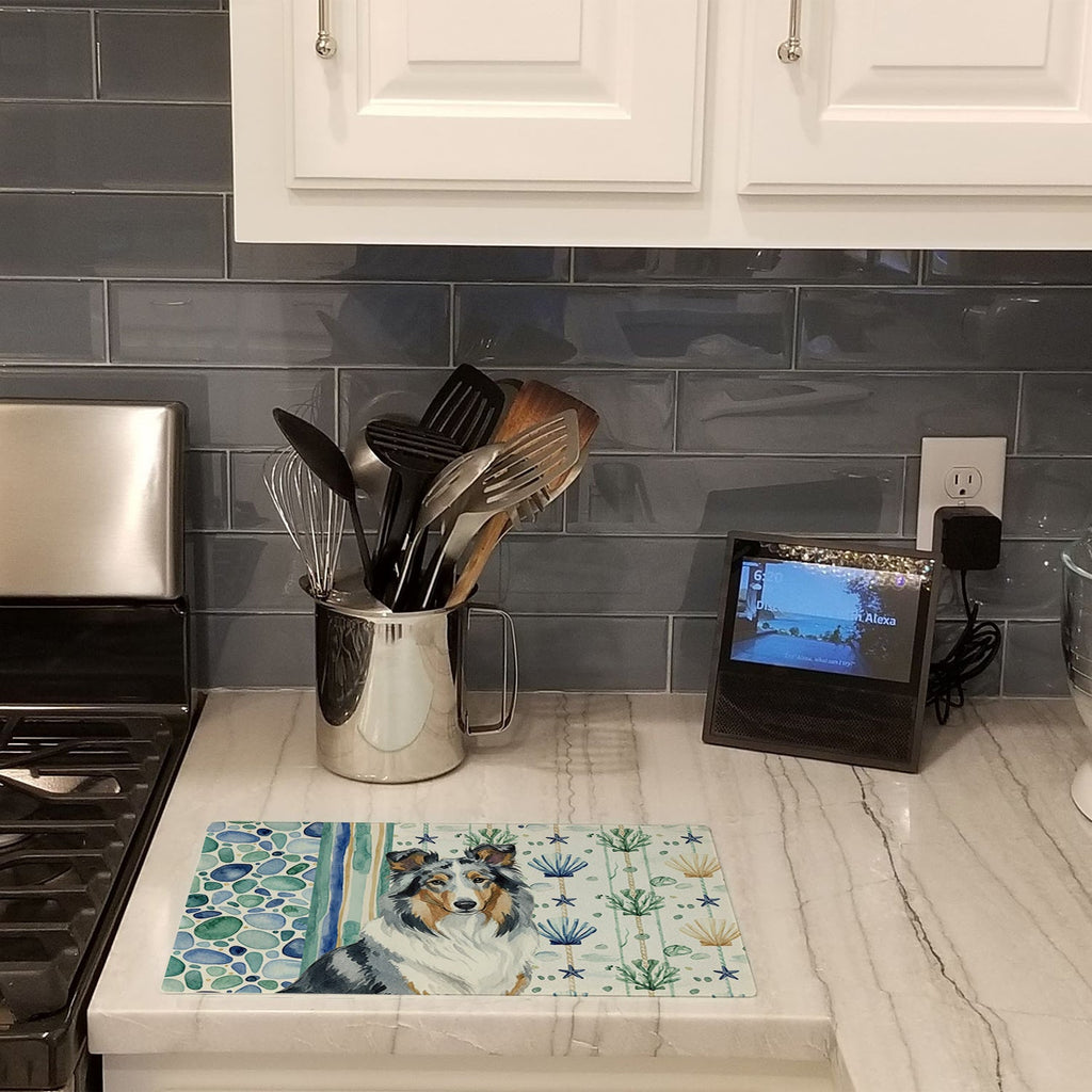 Blue Merle Collie Coastal Sea Glass Cutting Board Tempered Glass Kitchen Cutting Surface, Heat Resistant Chopping, Non-Slip Feet, Food Prep & Serving