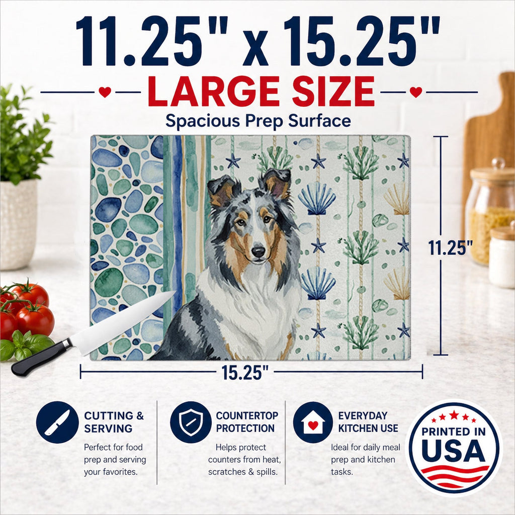 Blue Merle Collie Coastal Sea Glass Cutting Board Tempered Glass Kitchen Cutting Surface, Heat Resistant Chopping, Non-Slip Feet, Food Prep & Serving