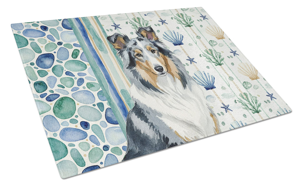 Blue Merle Collie Coastal Sea Glass Cutting Board Tempered Glass Kitchen Cutting Surface, Heat Resistant Chopping, Non-Slip Feet, Food Prep & Serving
