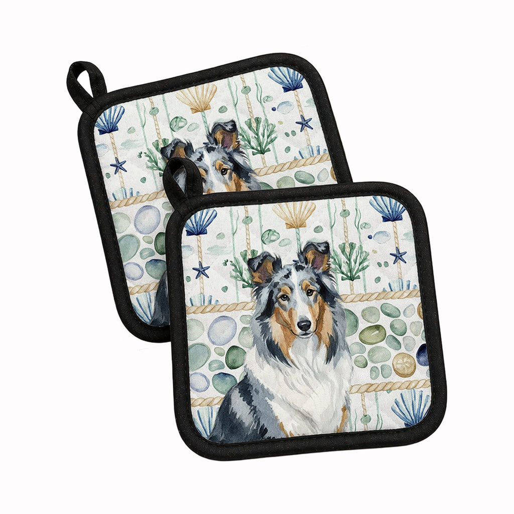 Blue Merle Collie Coastal Sea Glass Pot Holder Set of 2 Heat Resistant Quilted Hot Pads 7.5 x 7.5 Inch, Insulated Kitchen Trivets for Cooking & Baking