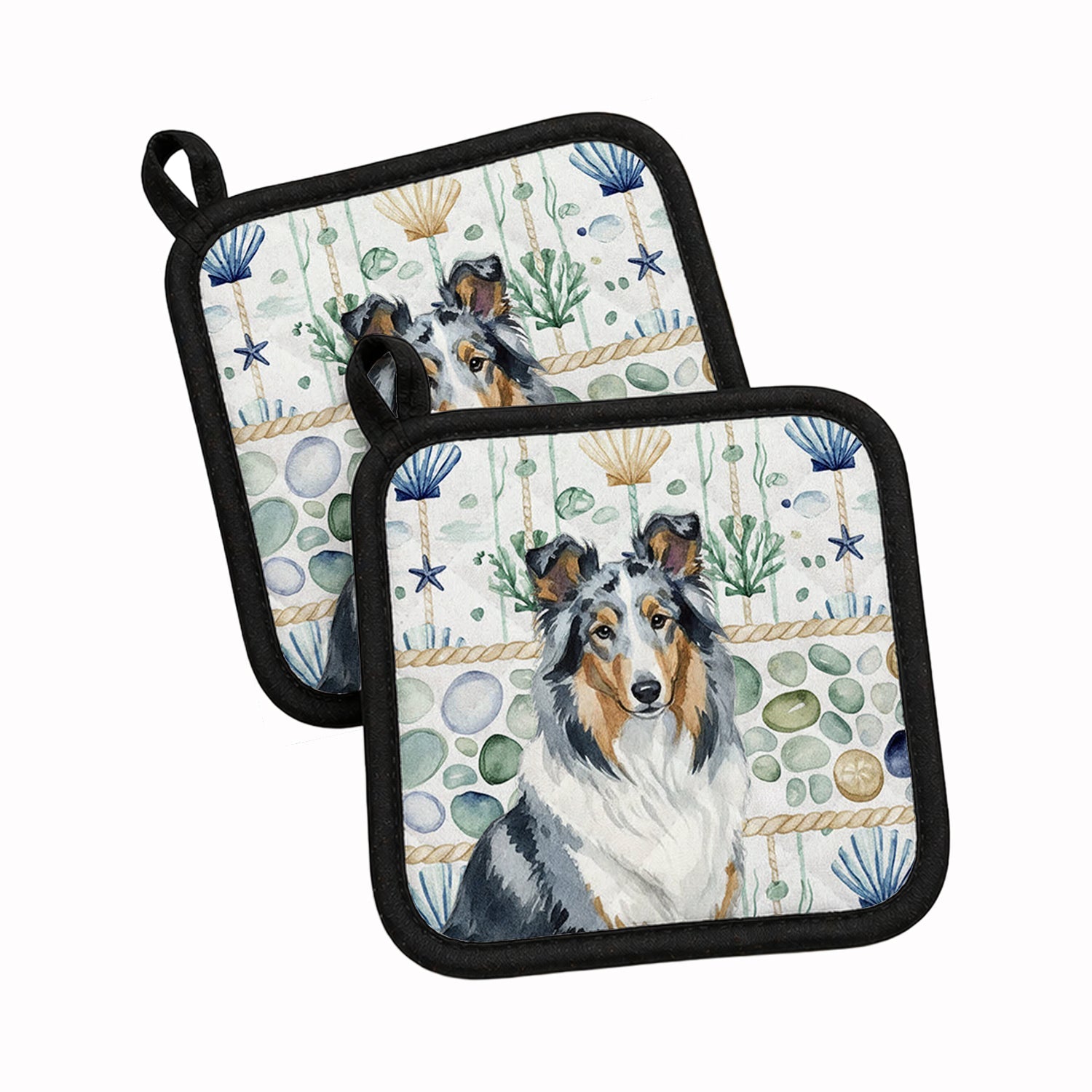 Blue Merle Collie Coastal Sea Glass Pot Holder Set of 2 Heat Resistant Quilted Hot Pads 7.5 x 7.5 Inch, Insulated Kitchen Trivets for Cooking & Baking