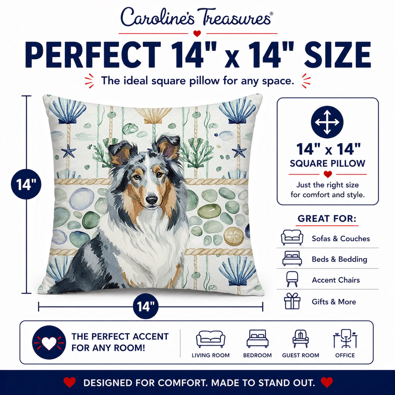Blue Merle Collie Coastal Sea Glass Decorative Throw Pillow 14x14 Indoor Outdoor Accent Cushion, Fabric Cover with Insert for Sofa, Bed, Porch & Living Room