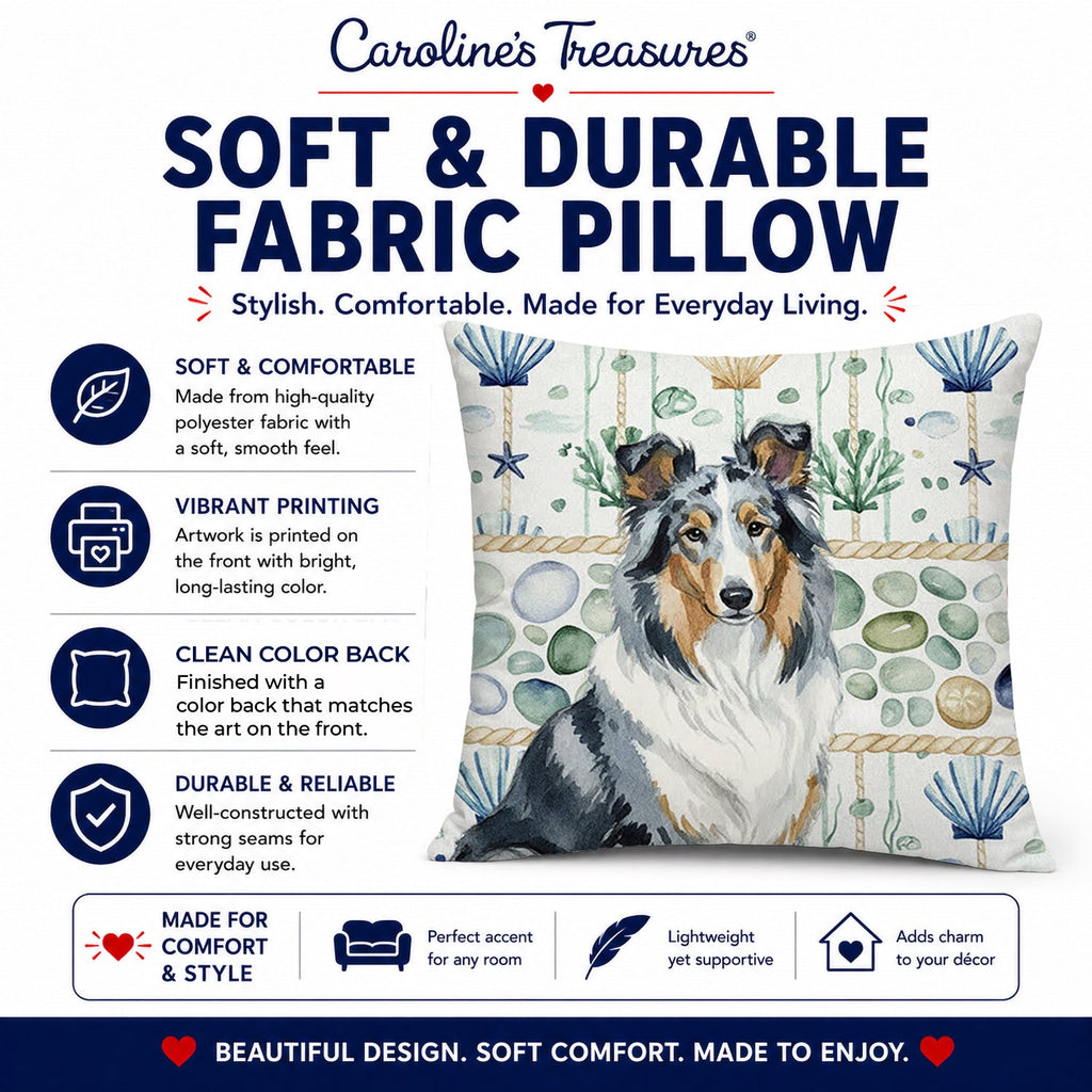 Blue Merle Collie Coastal Sea Glass Decorative Throw Pillow 18x18 Indoor Outdoor Accent Cushion, Fabric Cover with Insert for Sofa, Bed, Porch & Living Room