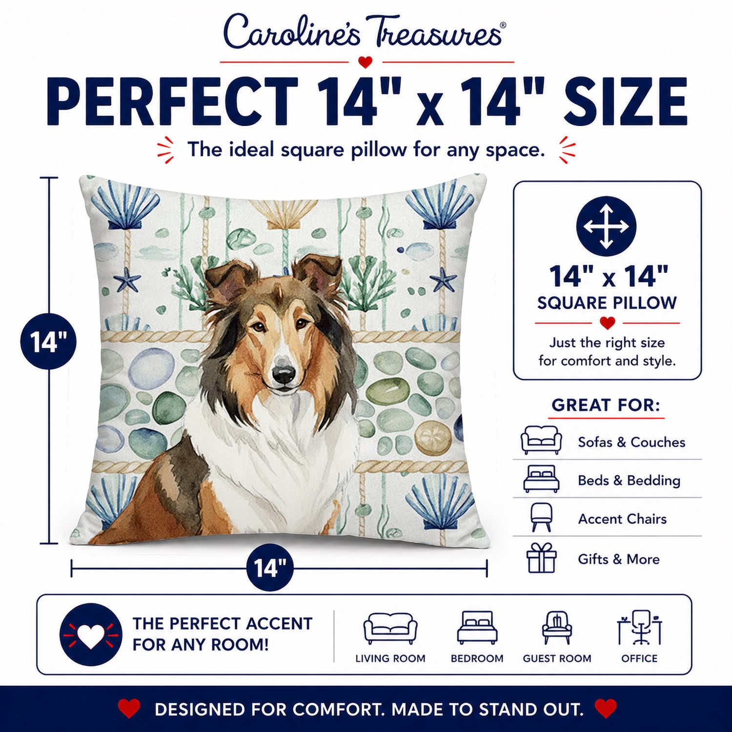 Sable Collie Coastal Sea Glass Decorative Throw Pillow 14x14 Indoor Outdoor Accent Cushion, Fabric Cover with Insert for Sofa, Bed, Porch & Living Room
