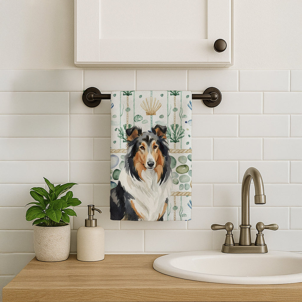 Tricolor Collie Coastal Sea Glass Kitchen Towel Velour Plush Front and Cotton Loop Back Machine Washable