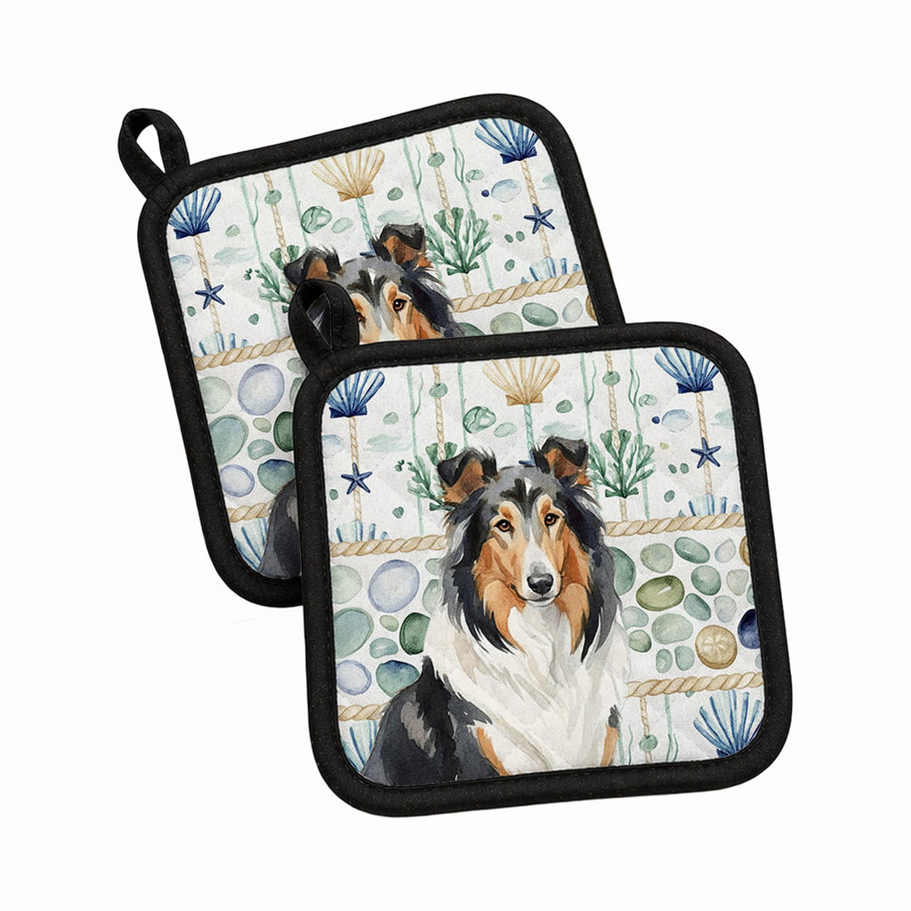Tricolor Collie Coastal Sea Glass Pot Holder Set of 2 Heat Resistant Quilted Hot Pads 7.5 x 7.5 Inch, Insulated Kitchen Trivets for Cooking & Baking