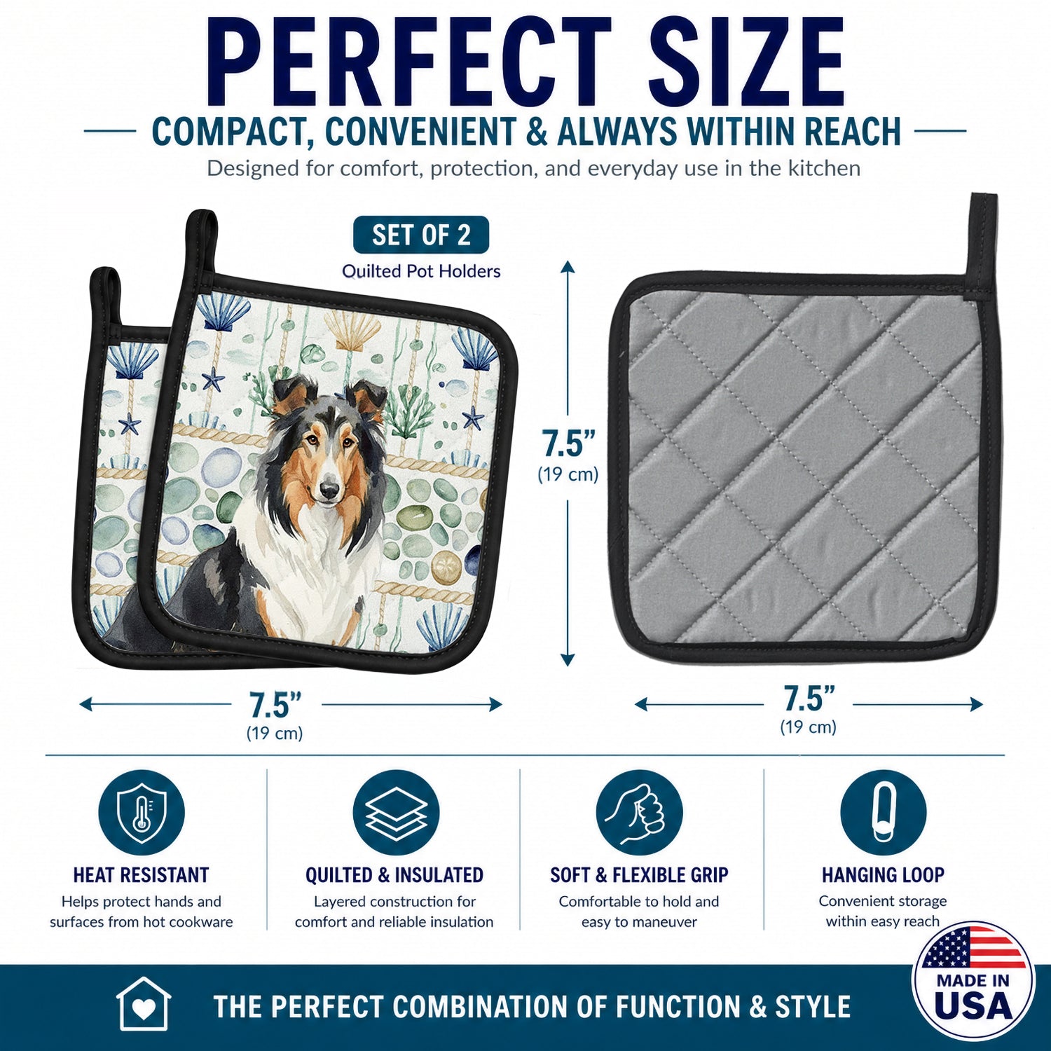 Tricolor Collie Coastal Sea Glass Pot Holder Set of 2 Heat Resistant Quilted Hot Pads 7.5 x 7.5 Inch, Insulated Kitchen Trivets for Cooking & Baking