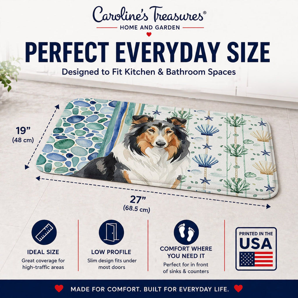Tricolor Collie Coastal Sea Glass Memory Foam Kitchen Mat Machine Washable Anti-Fatigue Cushion Comfort Bath or Kitchen Rug