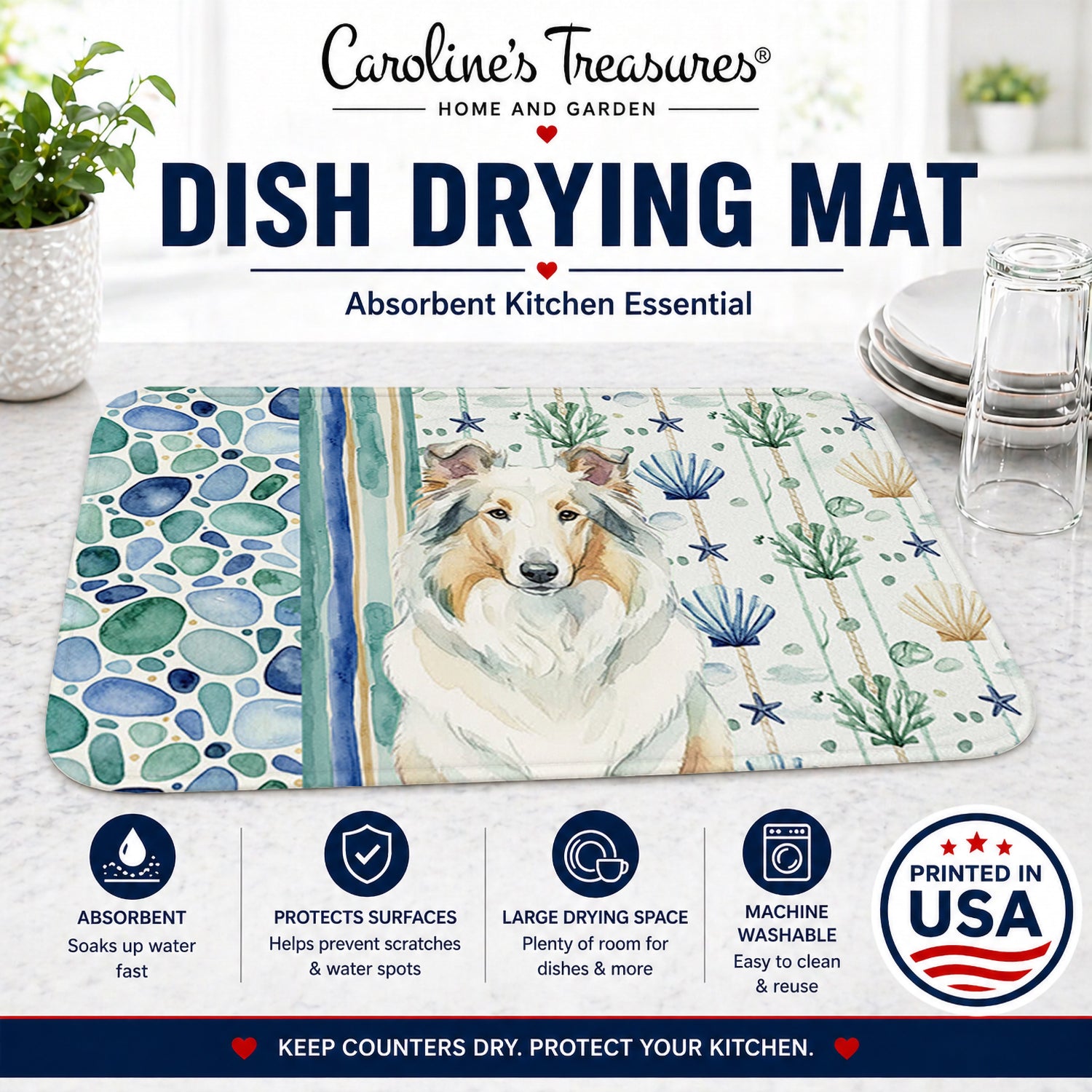 White Collie Coastal Sea Glass Dish Drying Mat Absorbent Dish Drying Mat Pad for Kitchen Counter Dish Drainer Mat for Countertop, 14 x 21", Multicolor