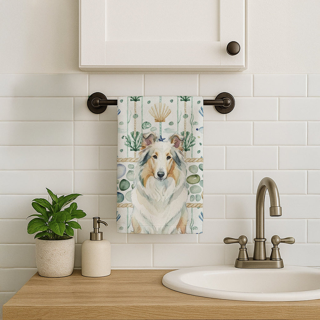 White Collie Coastal Sea Glass Kitchen Towel Velour Plush Front and Cotton Loop Back Machine Washable