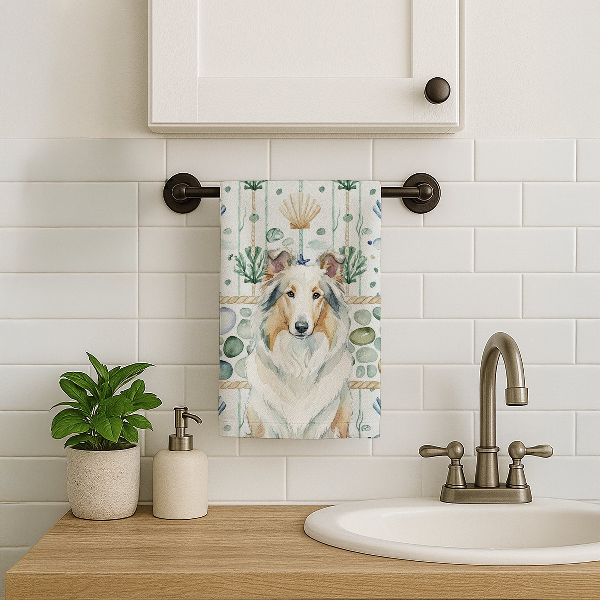 White Collie Coastal Sea Glass Kitchen Towel Velour Plush Front and Cotton Loop Back Machine Washable