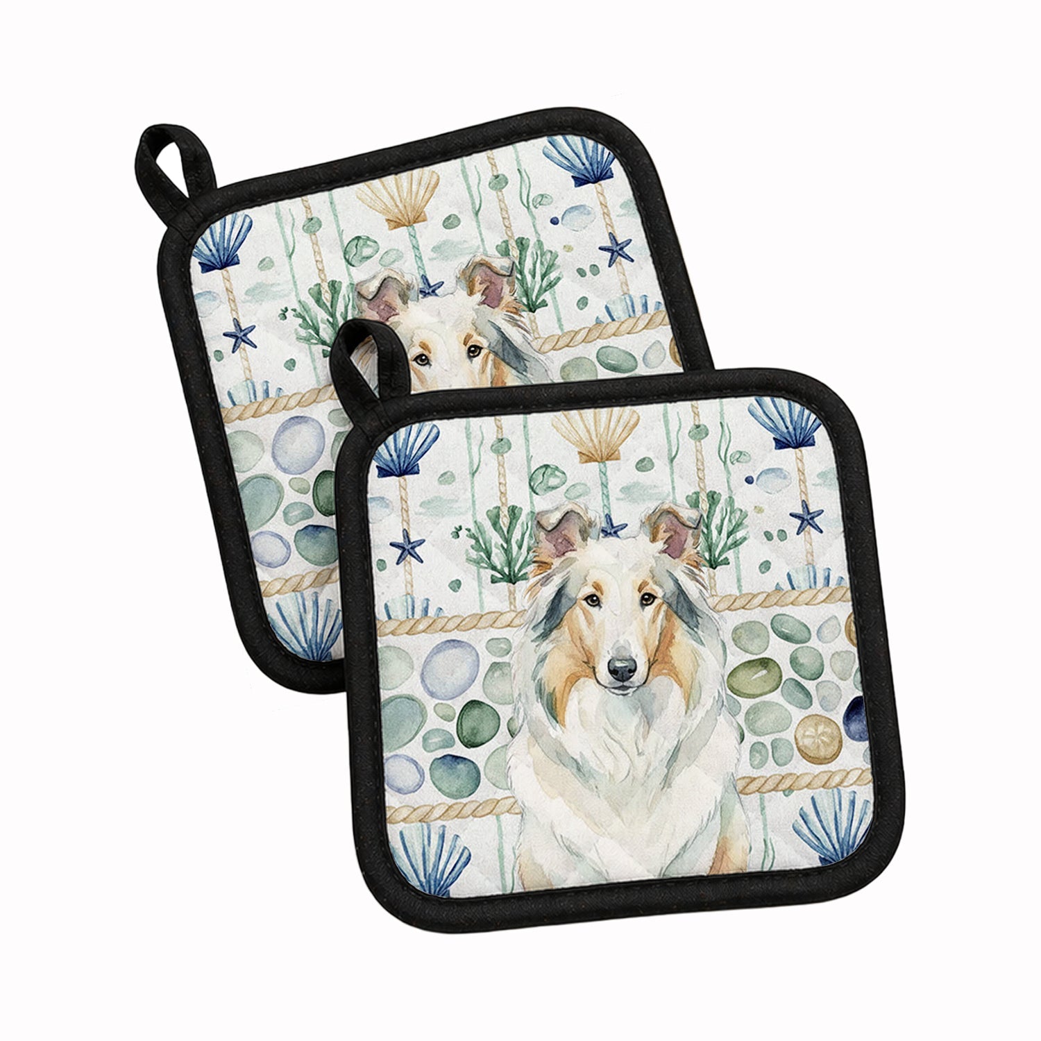 White Collie Coastal Sea Glass Pot Holder Set of 2 Heat Resistant Quilted Hot Pads 7.5 x 7.5 Inch, Insulated Kitchen Trivets for Cooking & Baking