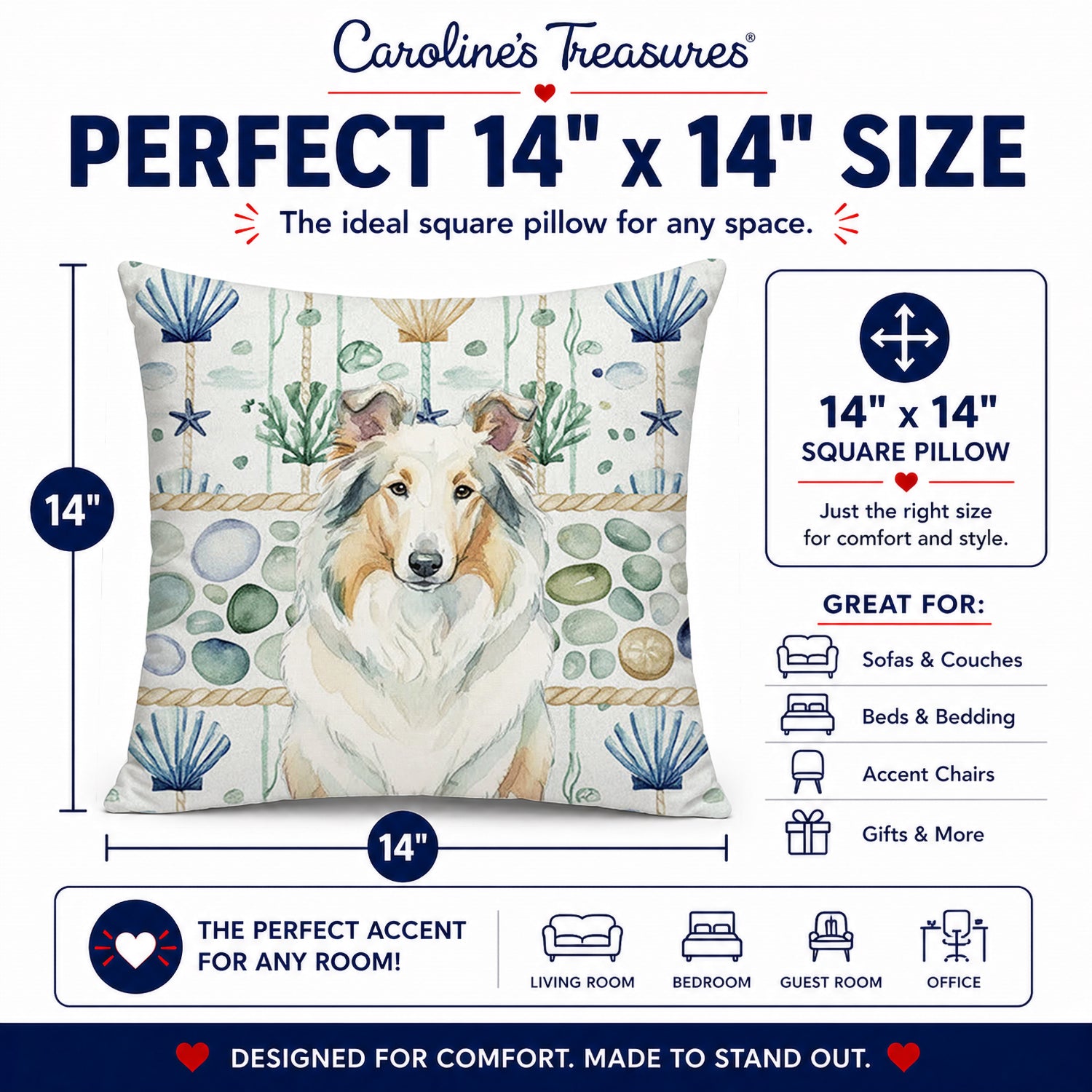 White Collie Coastal Sea Glass Decorative Throw Pillow 14x14 Indoor Outdoor Accent Cushion, Fabric Cover with Insert for Sofa, Bed, Porch & Living Room
